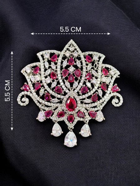 Elegant Lotus Shape Brooch Victorian Finish with Ruby Red AD Stones