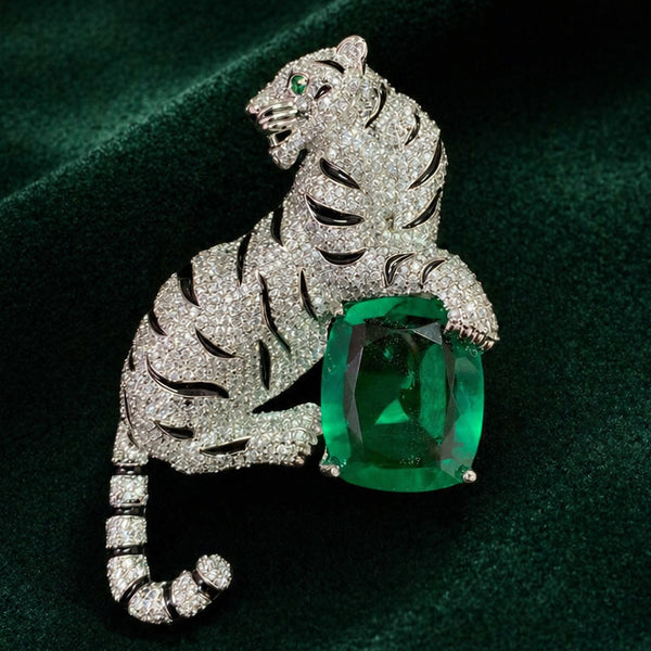 Royal Tiger Brooch Pin Crystal Studded Designer Brooch with Emerald Green Stone