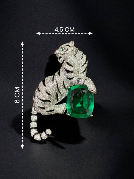 Royal Tiger Brooch Pin Crystal Studded Designer Brooch with Emerald Green Stone