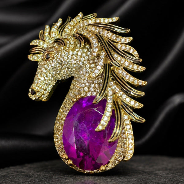 Luxury Horse Head Crystal Brooch Pin with Pink Gemstone  Premium Gold Finish
