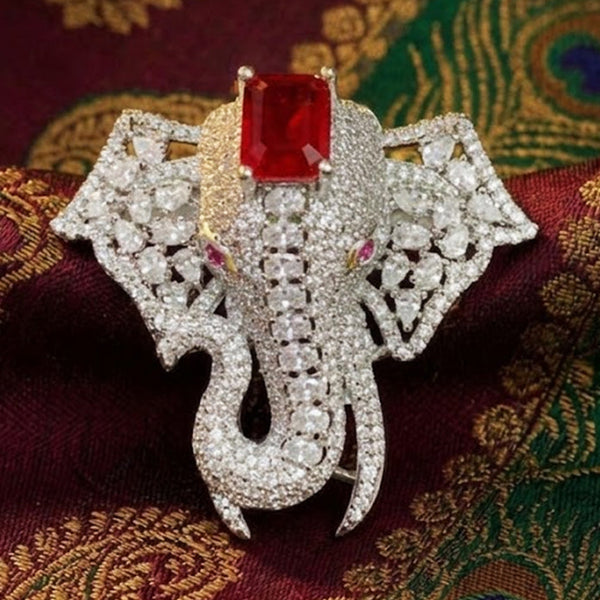 Royal Elephant Designer Brooch with Ruby Red Stone & Silver Finish
