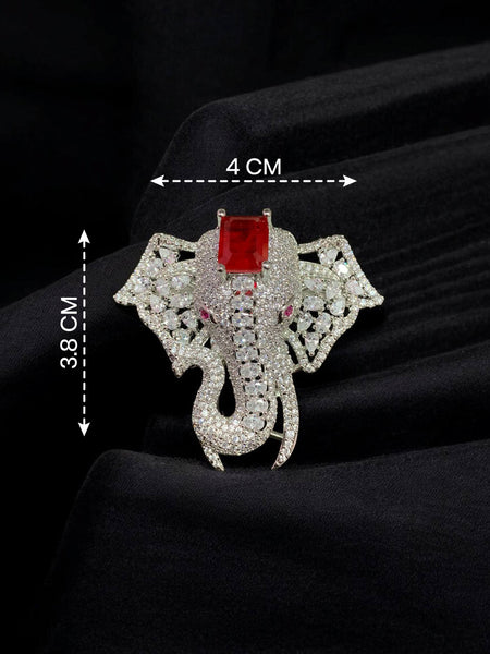 Royal Elephant Designer Brooch with Ruby Red Stone & Silver Finish