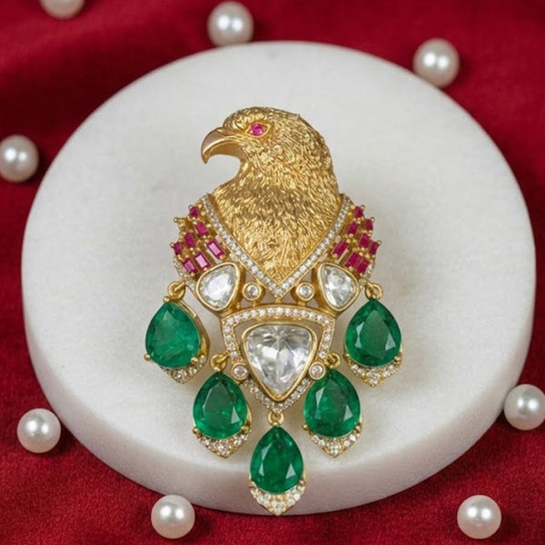 Royal Eagle Motif Brooch  Matt Golden Finish with Green Doublet Stones
