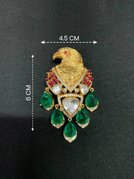 Royal Eagle Motif Brooch  Matt Golden Finish with Green Doublet Stones