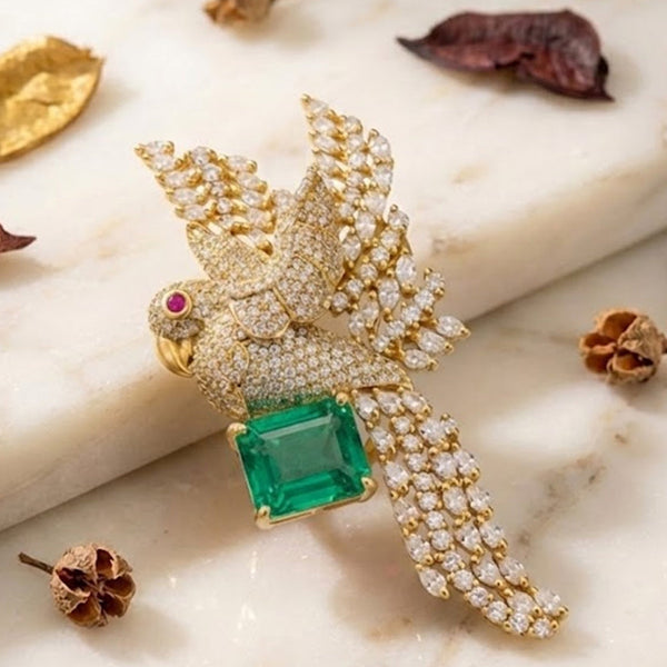 Luxury Parrot Designer Brooch Green Stone & AD Crystal Bird Pin