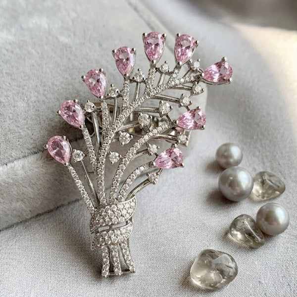 Elegant Pink Floral Designer Brooch Victorian Finish AD Stone Pin