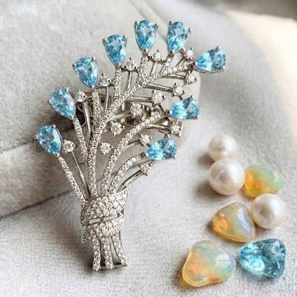 Elegant Blue Floral Designer Brooch Victorian Finish AD Stone Pin