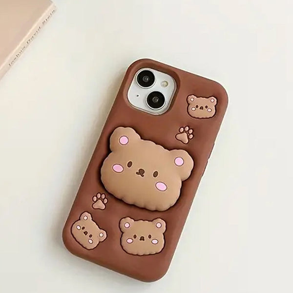 3D Cartoon Bear Holder Flexible Silicone Back Case for iPhone 12 ,13 14 & 15 Series