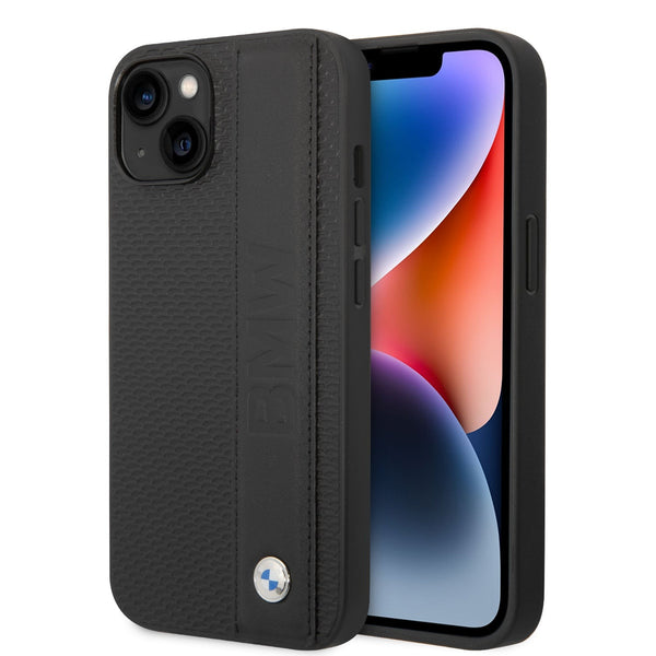 BMW Leather Black Signature Collection Textured and Big Logo Stripe Case For iPhone 13, 14 & 15 Series
