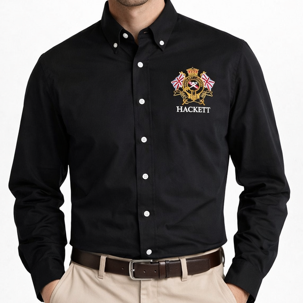 Premium men's shirts collection featuring classic fit button-down shirts in white, black, navy and light blue with embroidered crest, bear and number 1 logo designs