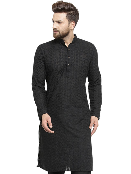 Black Cotton Chikankari Lucknowi Jaal Embroidered Kurta By Treemoda