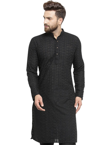 Black Cotton Chikankari Lucknowi Jaal Embroidered Kurta By Treemoda