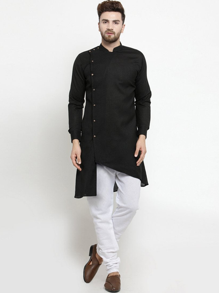 Designer Black Linen Kurta With Chudidar Pajama For Men By Treemoda