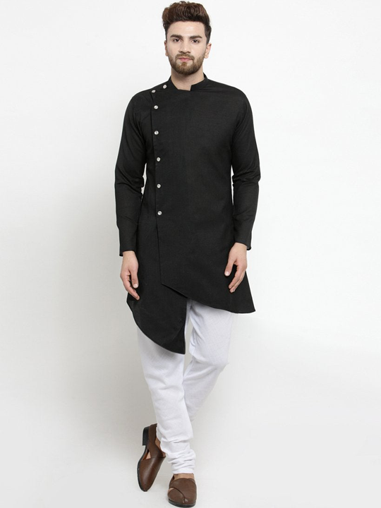 Black Linen Kurta With Churidar Pajama For Men By Treemoda