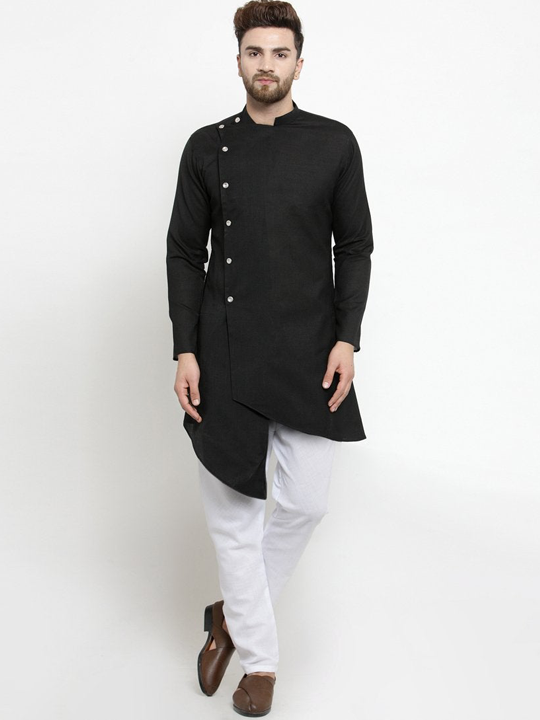 Designer Black Linen Kurta With Aligarh Pajama For Men By Treemoda