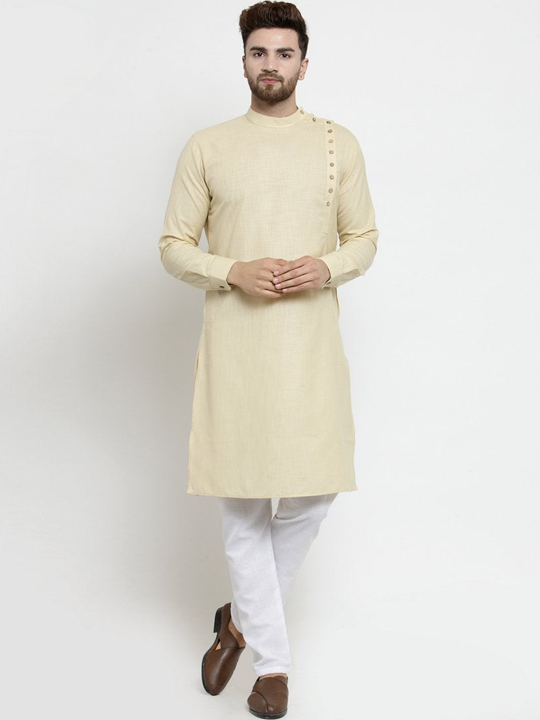 Designer Beige Linen Kurta With Aligarh Pajama For Men By Treemoda