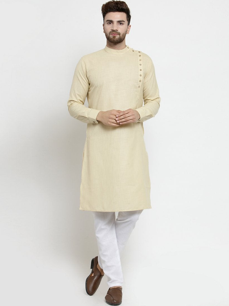 Designer Beige Linen Kurta With Aligarh Pajama For Men By Treemoda