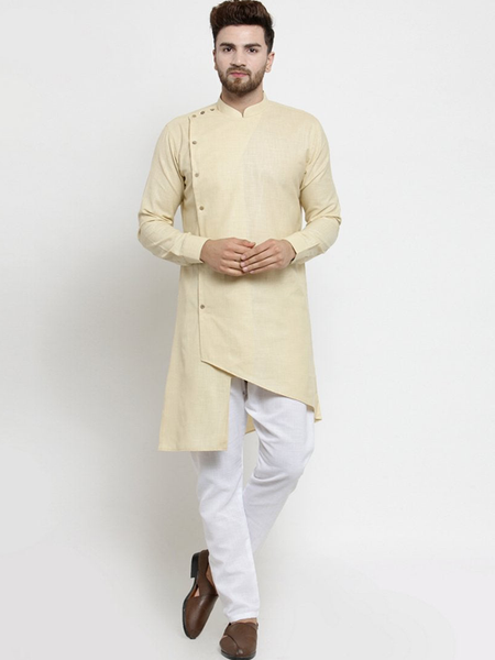 Designer Beige Linen Kurta With Aligarh Pajama For Men By Treemoda