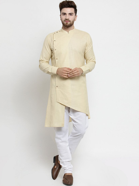 Designer Beige Linen Kurta With Chudidar Pajama For Men By Treemoda