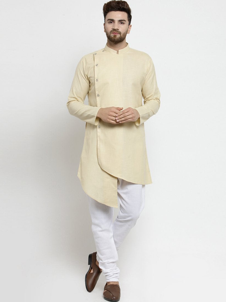 Designer Beige Linen Kurta With Chudidar Pajama For Men By Treemoda