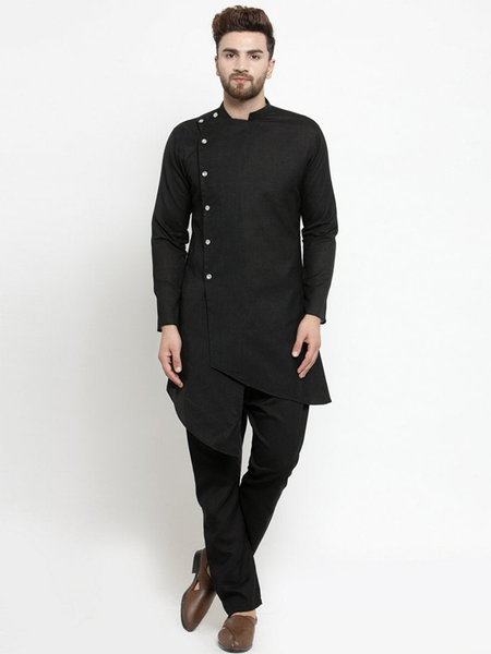 Designer Black Linen Kurta With Aligarh Pajama For Men By Treemoda