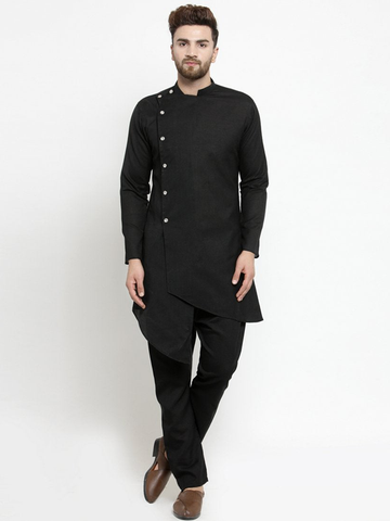 Designer Black Linen Kurta With Aligarh Pajama For Men By Treemoda