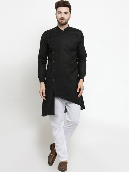 Designer Black Linen Kurta With Aligarh Pajama For Men By Treemoda