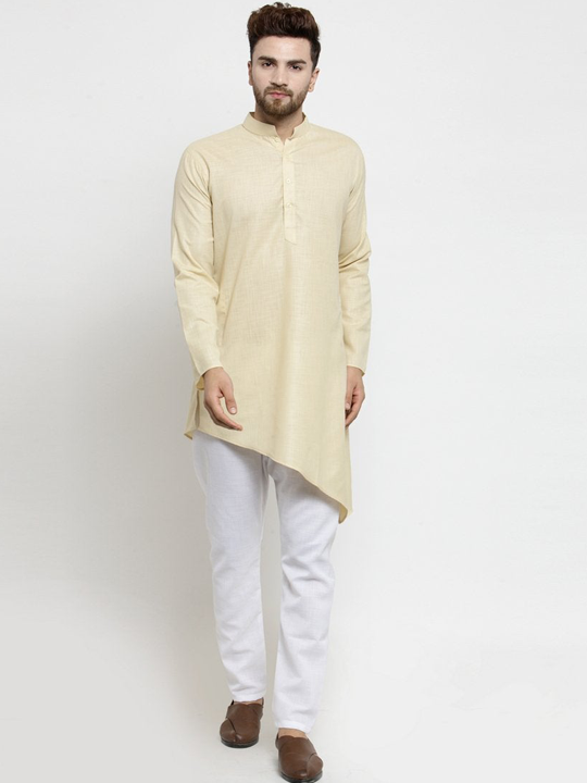 Designer Beige Linen Kurta With Aligarh Pajama For Men By Treemoda