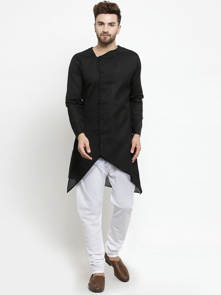 Designer Black Linen Kurta With Chudidar Pajama For Men By Treemoda