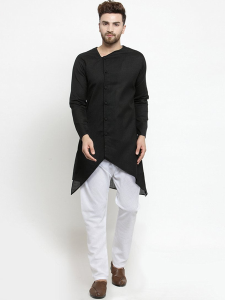 Designer Black Linen Kurta With Aligarh Pajama For Men By Treemoda