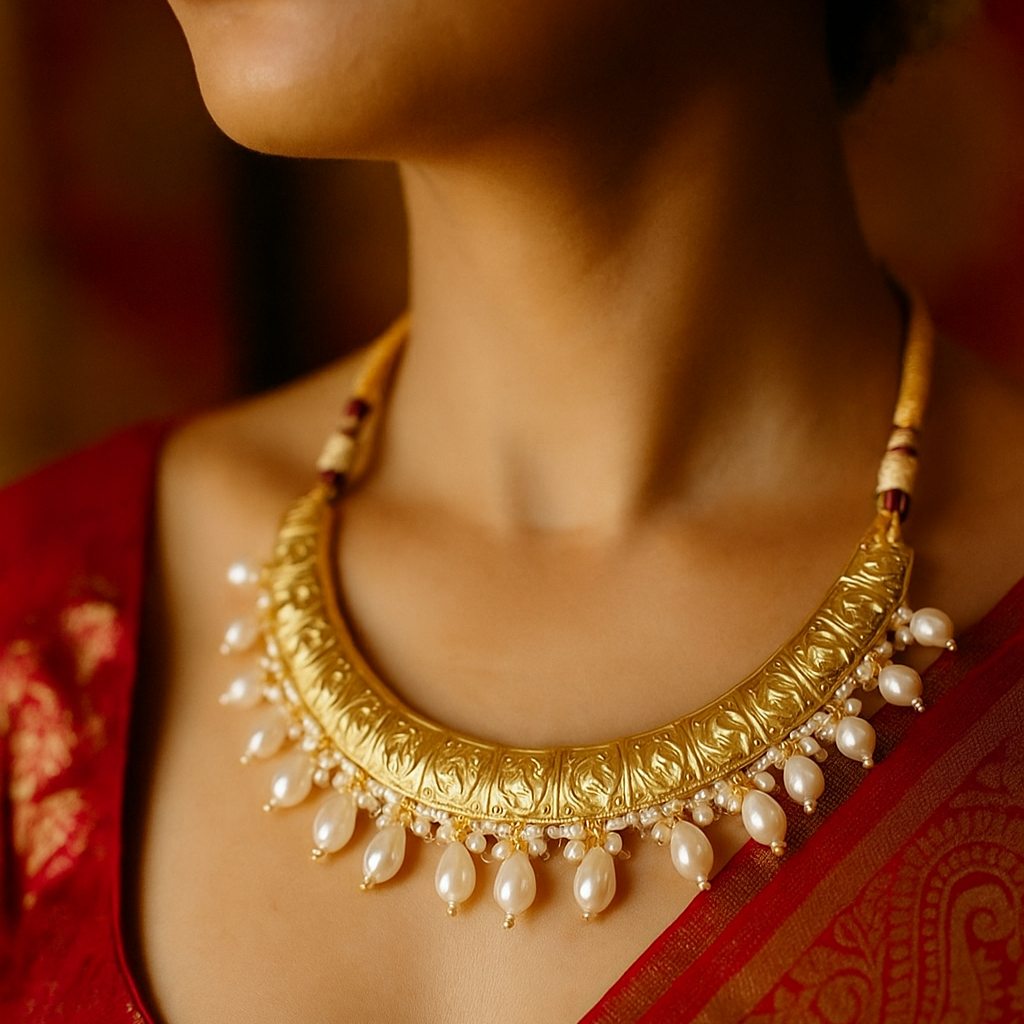 Antique Gold-Tone Engraved Necklace with Pearl Drops & Matching Earrings
