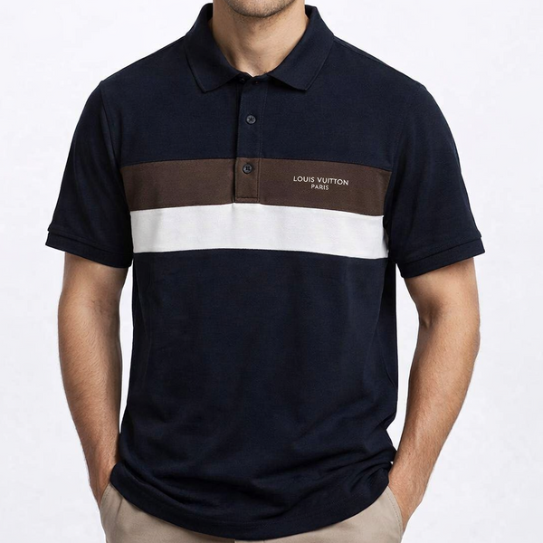 Premium Navy Blue Striped Polo T-Shirt for Men