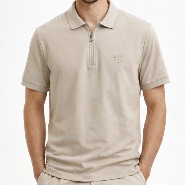 Premium Men’s Beige Zip Collar Polo T-Shirt  Classic and Stylish Design