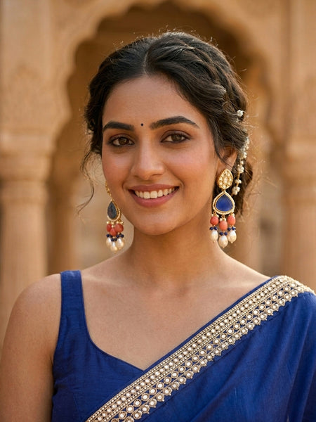 Elegant Blue Doublet Stone Brass Earrings with Coral Tulips & Shell Pearl Drops