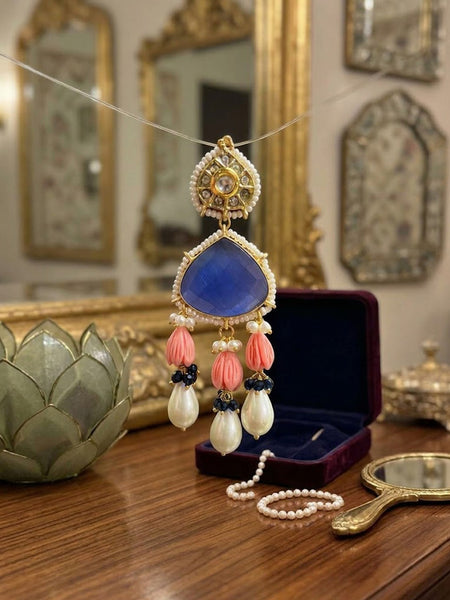 Elegant Blue Doublet Stone Brass Earrings with Coral Tulips & Shell Pearl Drops