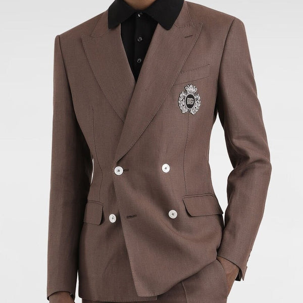 Double-Breasted Brown Blazer with Embroidered Crest
