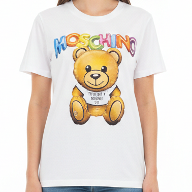 Women’s White Graphic T-Shirt with Colorful Teddy Print