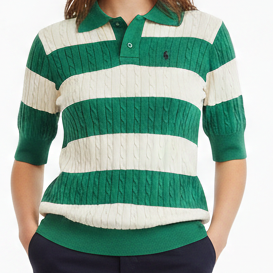 Green and Ivory Cable-Knit Striped Polo Classic Casual Eleganc