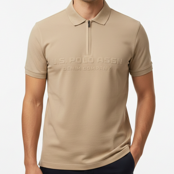Men’s Beige Zip-Neck Polo T-Shirt with Embossed Logo Design