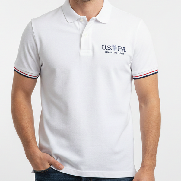 Men’s White Polo T-Shirt with Chest Logo & Contrast Sleeve Stripes