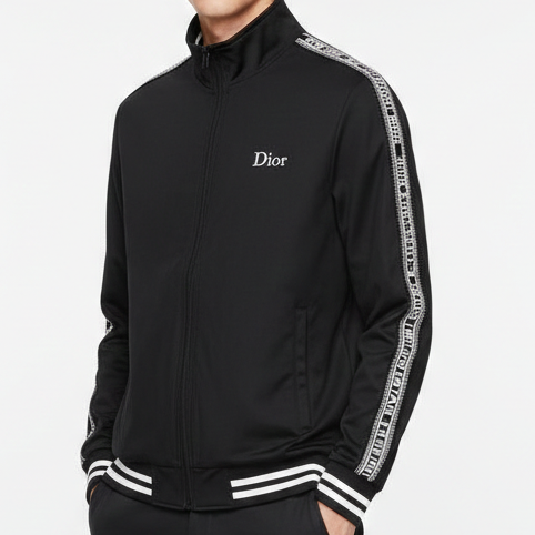 Black Premium Zip-Up Track Jacket with Logo Tape