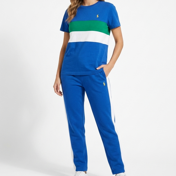 Premium Blue Color-Block Casual T-Shirt & Track Pant Set