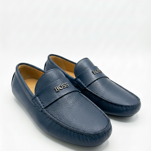Men’s Navy Blue Leather Loafers with Premium Logo Detail
