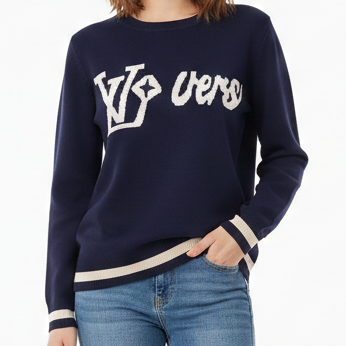 Women Navy Blue Pullover with Bold Graphic Design