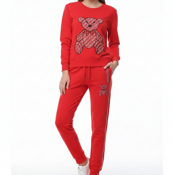 Trendy Red Teddy Graphic Women’s Track Set