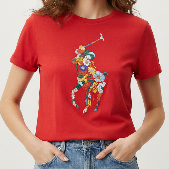 Floral Polo Player Red Women’s Tee