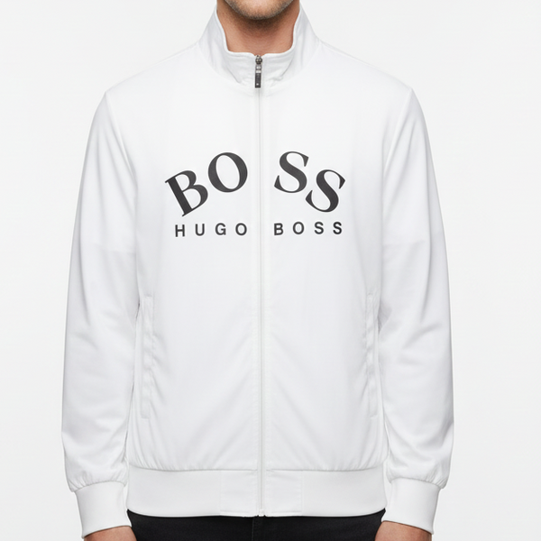 Stylish White Men’s Zip-Up Jacket with Bold Logo Print