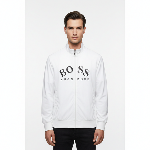 Stylish White Men’s Zip-Up Jacket with Bold Logo Print