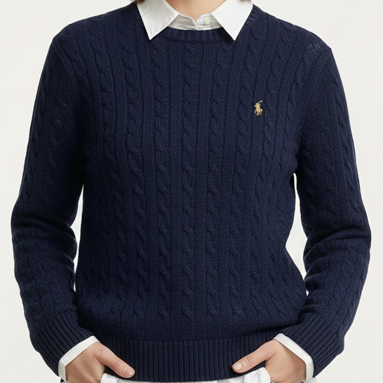 Men’s Navy Blue Cable Knit Sweater with Classic Collar Look