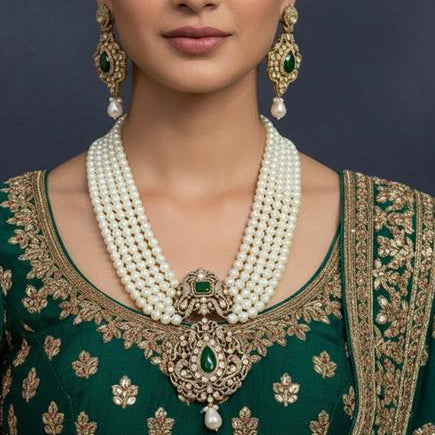 Royal Pearl and Green Stone Kundan Necklace Set
